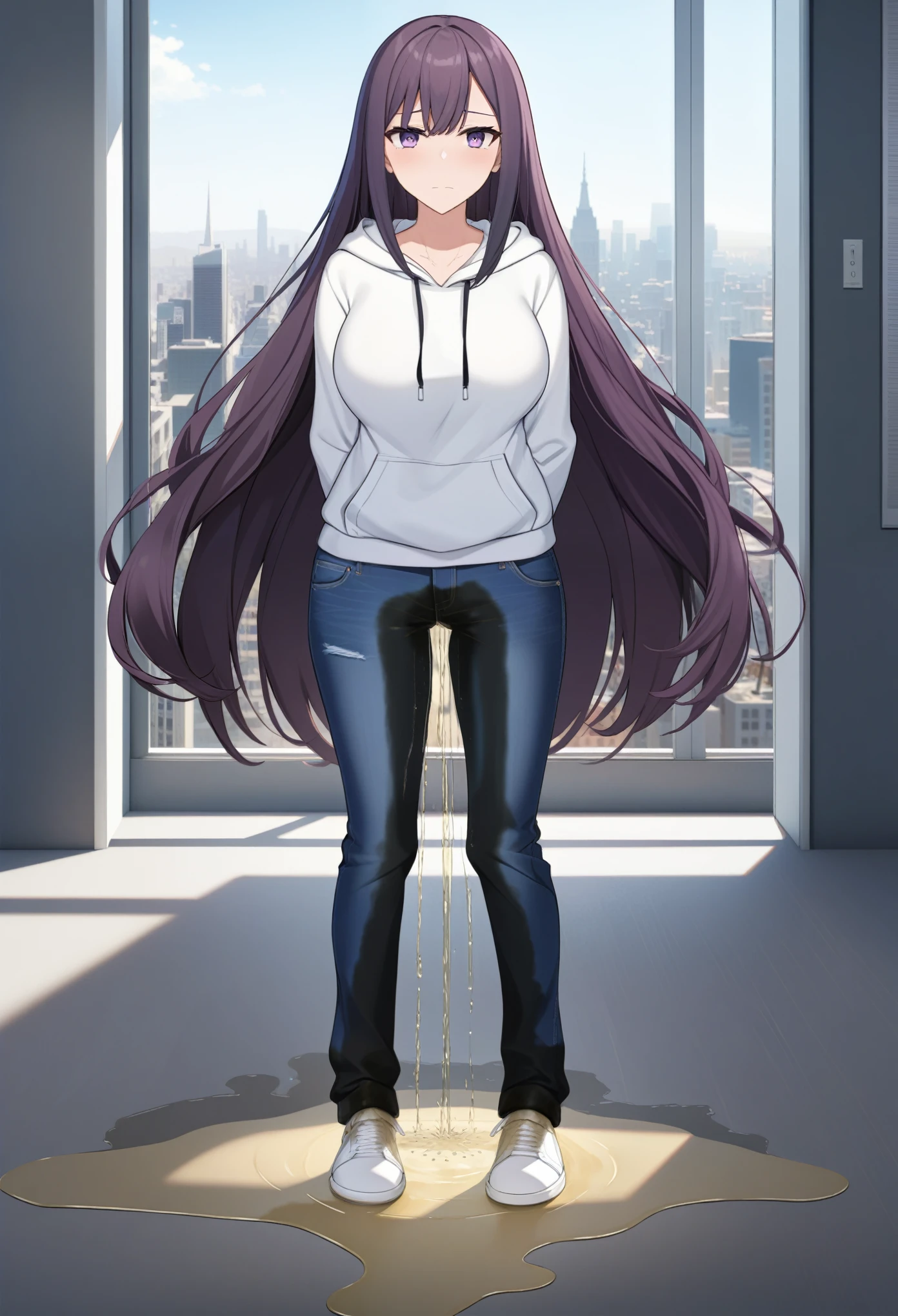 (masterpiece:1.37), best quality, (extremely detailed:1.37), office, window overlooking a bustling cityscape, woman, (mature:1.75), (adult:1.5), (very long hair:1.5), dark purple hair, purple eyes, (extremely detailed eyes:1.37) shining eyes, breasts, hoodie, jeans, (wetting herself:2.0), standing straight, (desperation:2.5), full body day, daytime, glow, facing viewer, perfect composition, Perfect light and shadow, 8K