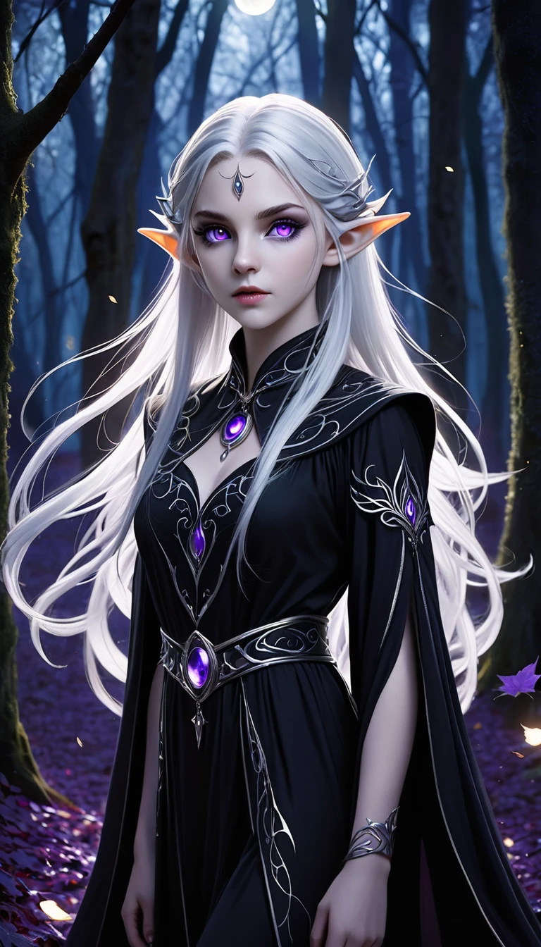 "A young moon elf, with pale skin, silver hair and purple eyes, is portrayed in the moonlight in a magical forest, wearing black magic. Her supernatural beauty and mysterious aura mix with the dark energy of the magic she conjures up. Her silver hair shines in the moonlight, while her purple eyes radiate power. Wearing black robes and sinister adornments, she channels black magic with a concentrated and determined expression. The surrounding forest seems to react to its magic, with dancing shadows and leaves flickering. The scene is full of tension and mystery, capturing the duality of the young elf of the moon."