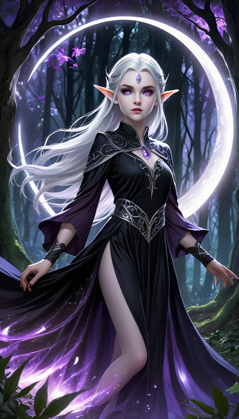 "A young moon elf, with pale skin, silver hair and purple eyes, is portrayed in the moonlight in a magical forest, wearing black magic. Her supernatural beauty and mysterious aura mix with the dark energy of the magic she conjures up. Her silver hair shines in the moonlight, while her purple eyes radiate power. Wearing black robes and sinister adornments, she channels black magic with a concentrated and determined expression. The surrounding forest seems to react to its magic, with dancing shadows and leaves flickering. The scene is full of tension and mystery, capturing the duality of the young elf of the moon."