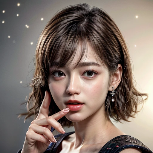 (highest quality,Super detailed,Physically Based Rendering:1.2), (RAW, Realistic, Photorealistic:1.37),Portraiture,Beautiful young woman with Delicate facial features,Soft lighting, ((Playfully licking finger with tongue, Gently placing a finger in the mouth)), (Close-up shot of sensual lips),Cheeks turn slightly red,A gentle and captivating gaze, cute Like finger . Studio gray background, Light Particles, many blurred colorful Lights (dazzling bokeH) . BREAK . (((NOGIZAKA face variations))) Extremely Detailed very KAWAII face variations, elaborate detailed Eyes with (sparkling highlights:1.2), (Voluminous long eyelashes:0.9)、Glossy RED Lips with beautiful details, Coquettish tongue, Rosy cheeks, Radiant PearlSkin with clear transparency, (Natural:0.7) Detailed FlawlessSkin with glowing DowneyHair . { (Dynamic LifeLike expressions) | :d) }, (large eyes:-1) . mouth_hold