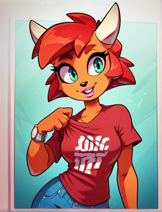 score_9, score_8_up, score_7_up, 1girl, Lammy,  Red hair, orange fur, short hair, anthro, horns, blue jeans, red T-shirt with white splat, pink lipstick, green watch,