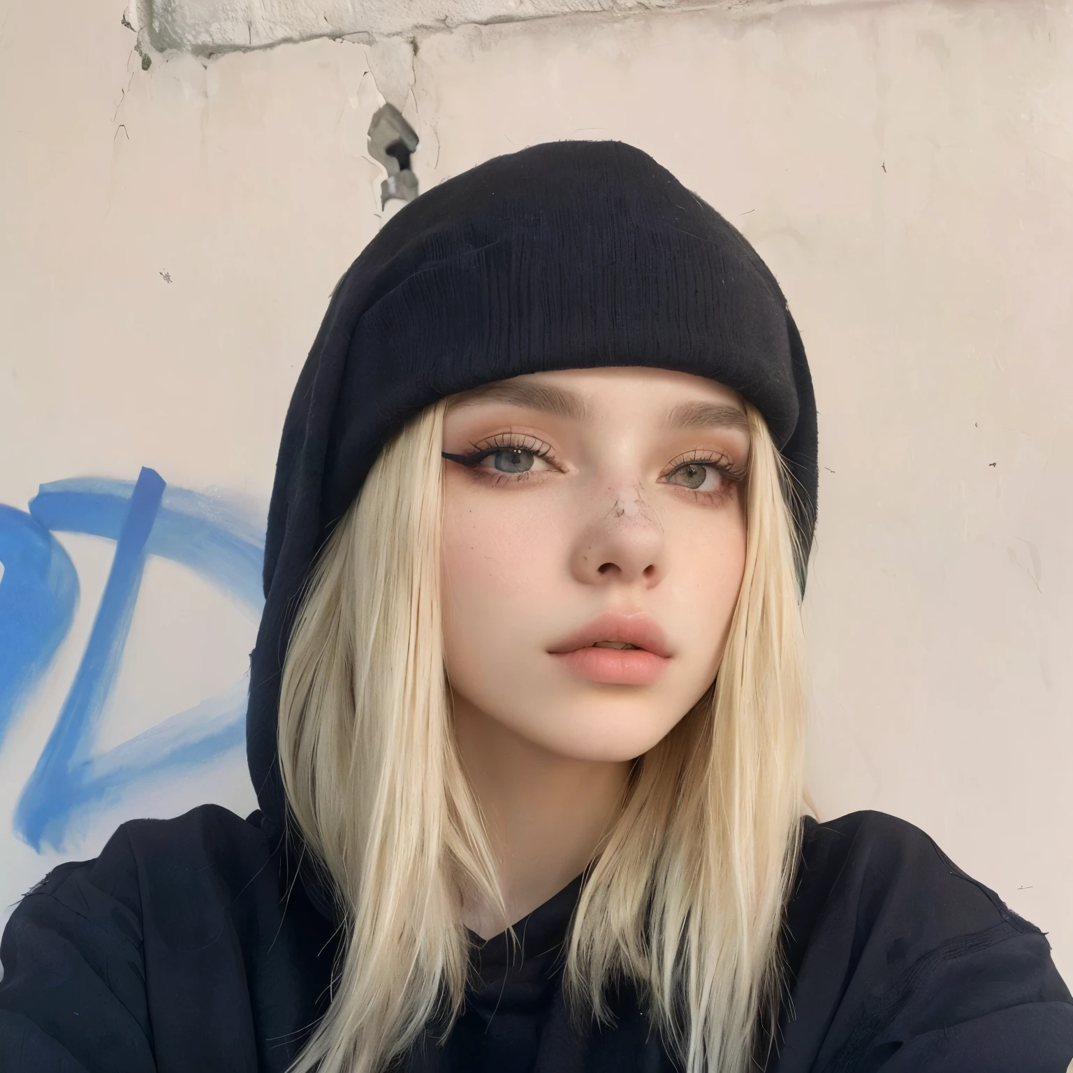 Mujer rubia con sudadera con capucha negra y sombrero negro posando para una foto, ava max, chica perfecta de pelo blanco, ๐คค girl portrait, 18 years, extremely pale blonde hair, cabello rubio y ojos grandes, 16 years old, yelena belova, 19 year old girl, cara perfecta ), 1 7 year old gothic girl