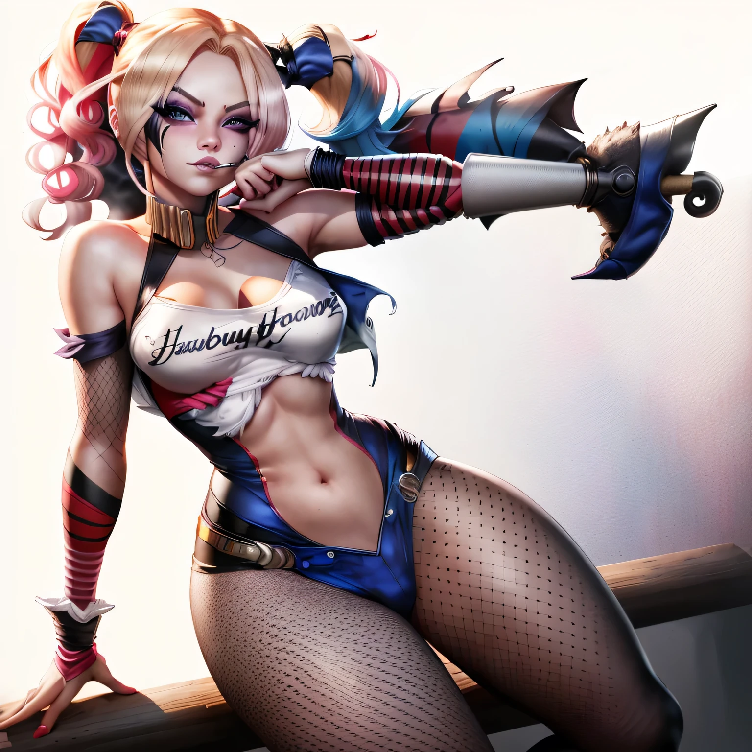 a close up of a woman with a bat in her hand, extremely detailed artgerm, harley quinn, harley queen, style artgerm, artgerm style, ig model | artgerm, of harley quinn, portrait of harley quinn, artgerm. high detail, graphic artist artgerm, artgerm comic, artgerm lau