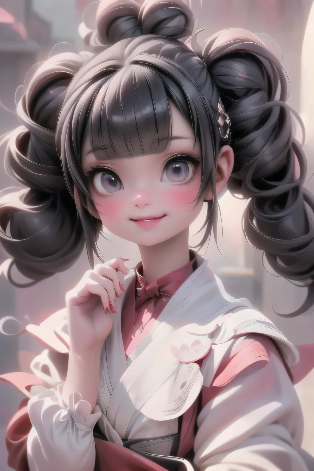 a vampire_girl smiling, red strapless dress, pigtails, hair accessories made by rubies, red smokey eyes make_up, round_toe pumps, full moon at background