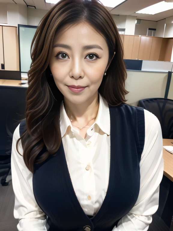 ((masterpiece)), ((highest quality)), ((Fully detailed)), Mature Woman, Age 35, Bust up shot, Office worker uniform, Navy blue vest,