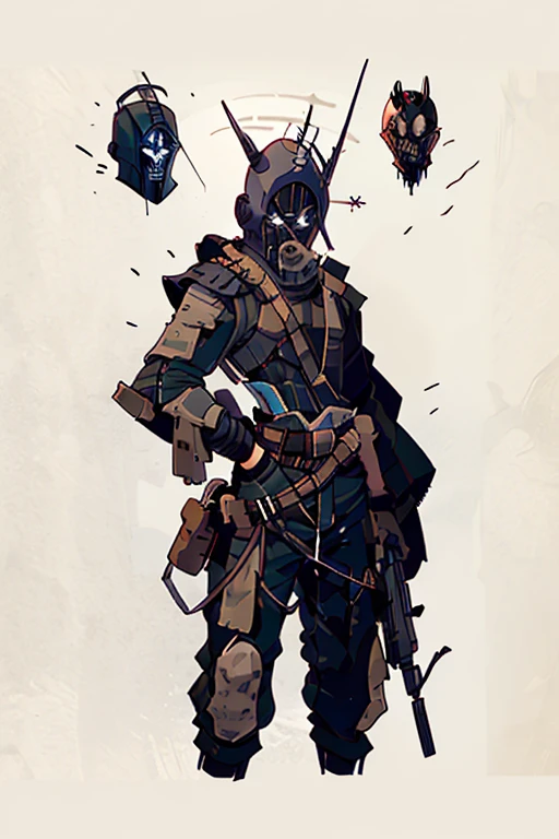 A bounty hunter with a mask with two cilinders in his forehead and two black viewfinders. He has a gun and an armor that fits with the helmet design.