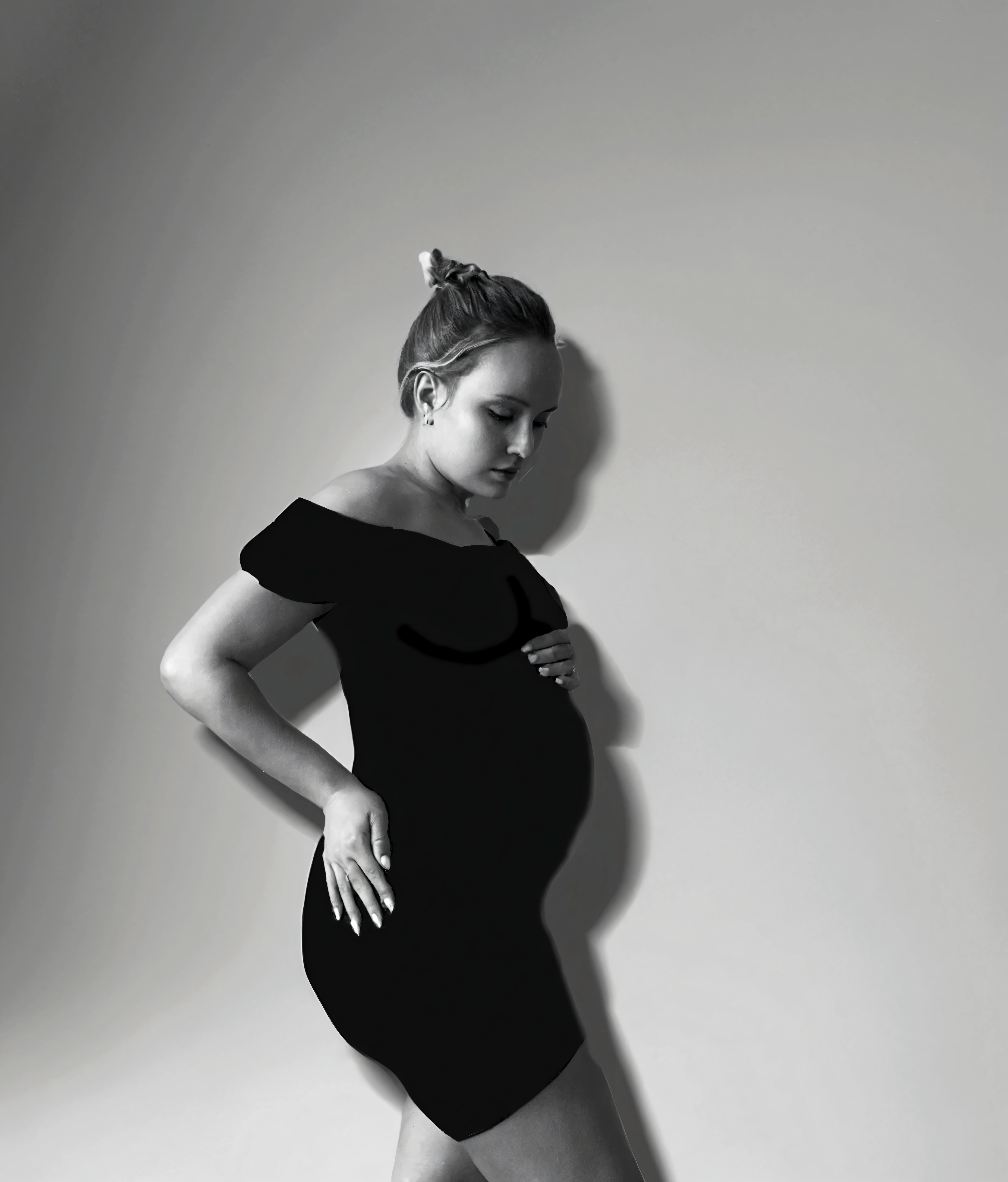Pregnant woman in black dress posing for studio photography, full body and head shot, Full-face and body portrait, Full length photo shoot, pregnant belly, close range body shot, full body photography, body completed, middle body shot, mother photography 4k, Shot in the body and head, close-up shot of half body, black Body, upper body portrait, Body