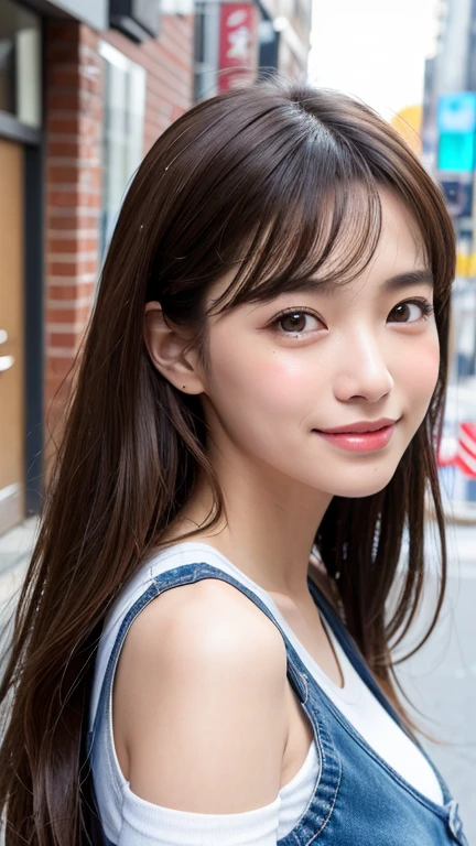 (((Close-up of face)))、(((Brown hair straight)))、(((She is posing like a hair salon model with a New York alleyway in the background.)))、(((She is wearing casual clothes suitable for early summer.。The shoulders are hidden)))、(Natural laughter:1.25)、Half Japanese, half Korean、18 year old girl、Standing Alone、Looking forward、Light eye makeup、Brown Hair Color、Flat and 、Hair blowing in the wind、Actress Quality、Glossy, ultra-realistic face、Smiling face、Watery eyes、Gazing Up、Subtle lighting effects、 Ultra-Realistic Capture、Very detailed、High resolution 16K close up of human skin。Skin texture must be natural、The details must be such that pores can be clearly seen、The skin is healthy、Uniform tone、Use natural light and colors、A worn-out, high-quality photo taken by a model agency&#39;s in-house photographer.、smile、(((SIGMA 300 mm F/1.4,1/1000 sec shutter,ISO 400)))、The background is F-stop 1..4 is blurred