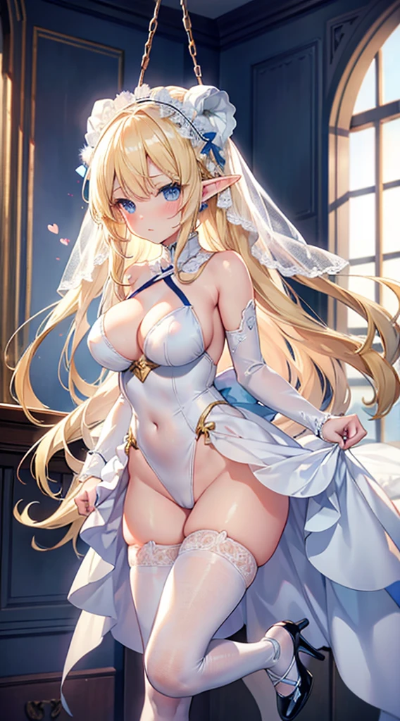 Blonde hair and blue eyes　Long Hair　Elf　Large Breasts　Wedding dress　leotard　mini skirt　White Stockings　White high heels　erotic　Beauty　cute　blush　get caught　Hanged　Hands tied behind your back　Scared　Dark Room