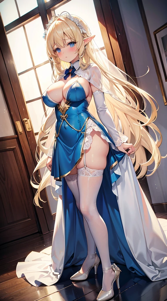 Blonde hair and blue eyes　Long Hair　Elf　Large Breasts　Wedding dress　leotard　mini skirt　White Stockings　White high heels　erotic　Beauty　cute　blush　get caught　Hanged　Hands tied behind your back　Scared　Dark Room