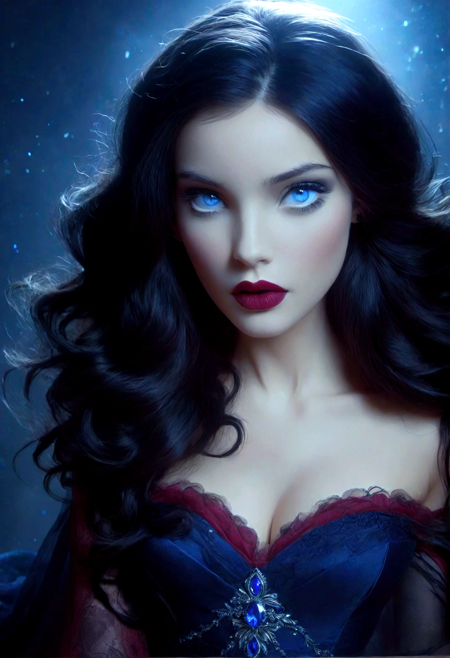 A beautiful woman, long black hair, dark red lips,  medium breasts, dark make up, blue eyes, pretty princess dress