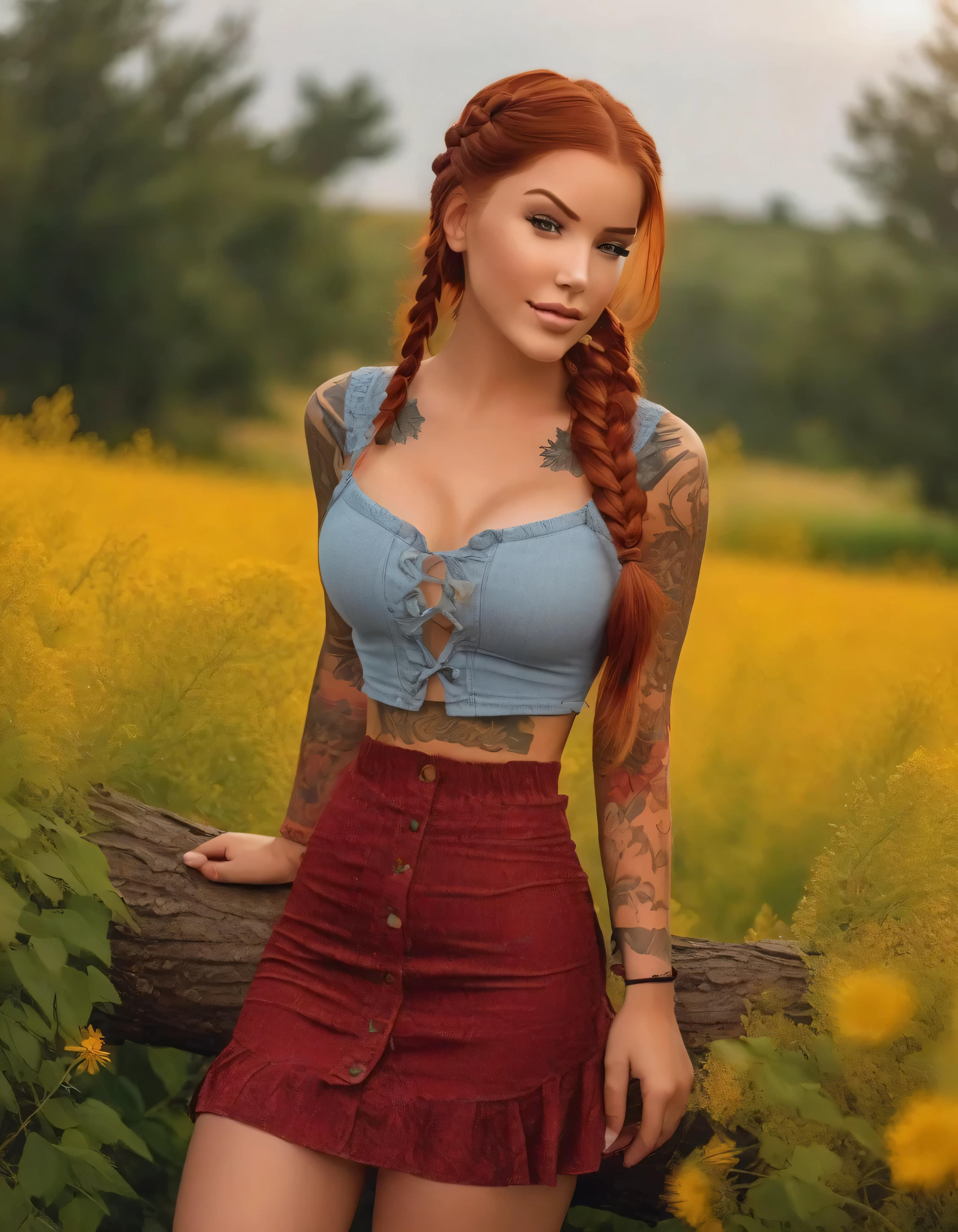 masterpiece, best quality, gorgeous pale american cute girl, smiling, (crop top), red hair loose braided hair, short polca skirt, lean against a tree, field, flowers smiling, perfectly symmetrical face, detailed skin, elegant, alluring, attractive, amazing photograph, masterpiece, best quality, 8K, high quality, photorealistic, realism, art photography, Nikon D850, 16k, sharp focus, masterpiece, breathtaking, atmospheric perspective, diffusion, pore correlation, skin imperfections, DSLR, 80mm Sigma f2, depth of field, intricate natural lighting, looking at camara