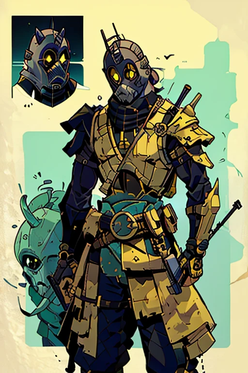 A bounty hunter with a mask with two cilinders in his forehead and two black viewfinders. He has a gun and an armor that fits with the helmet design. The color of his mask and armour is yellowish close to skin tone.