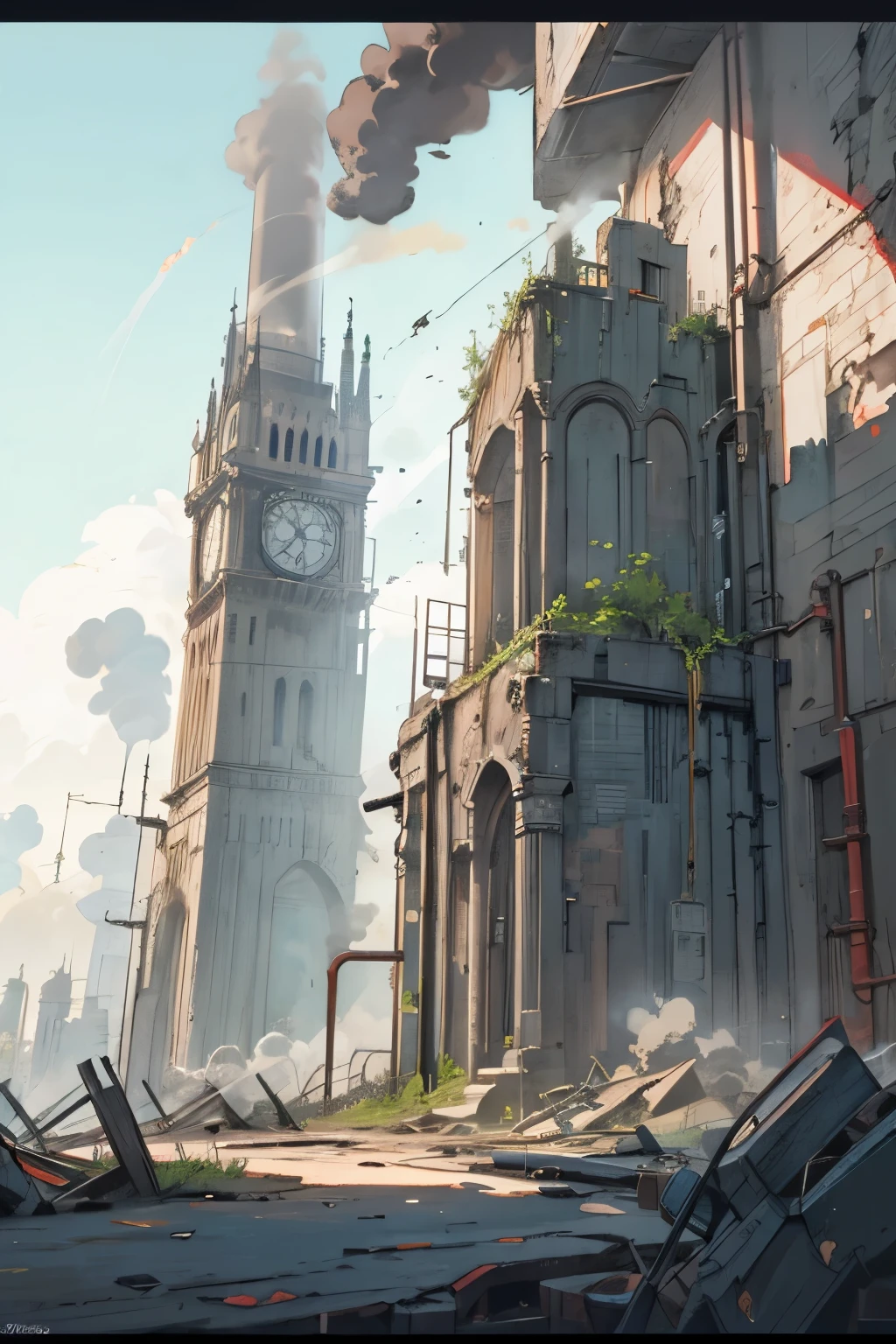 technological ruins full of broken gears and robots and buildings
pipes releasing steam and a tower with a clock