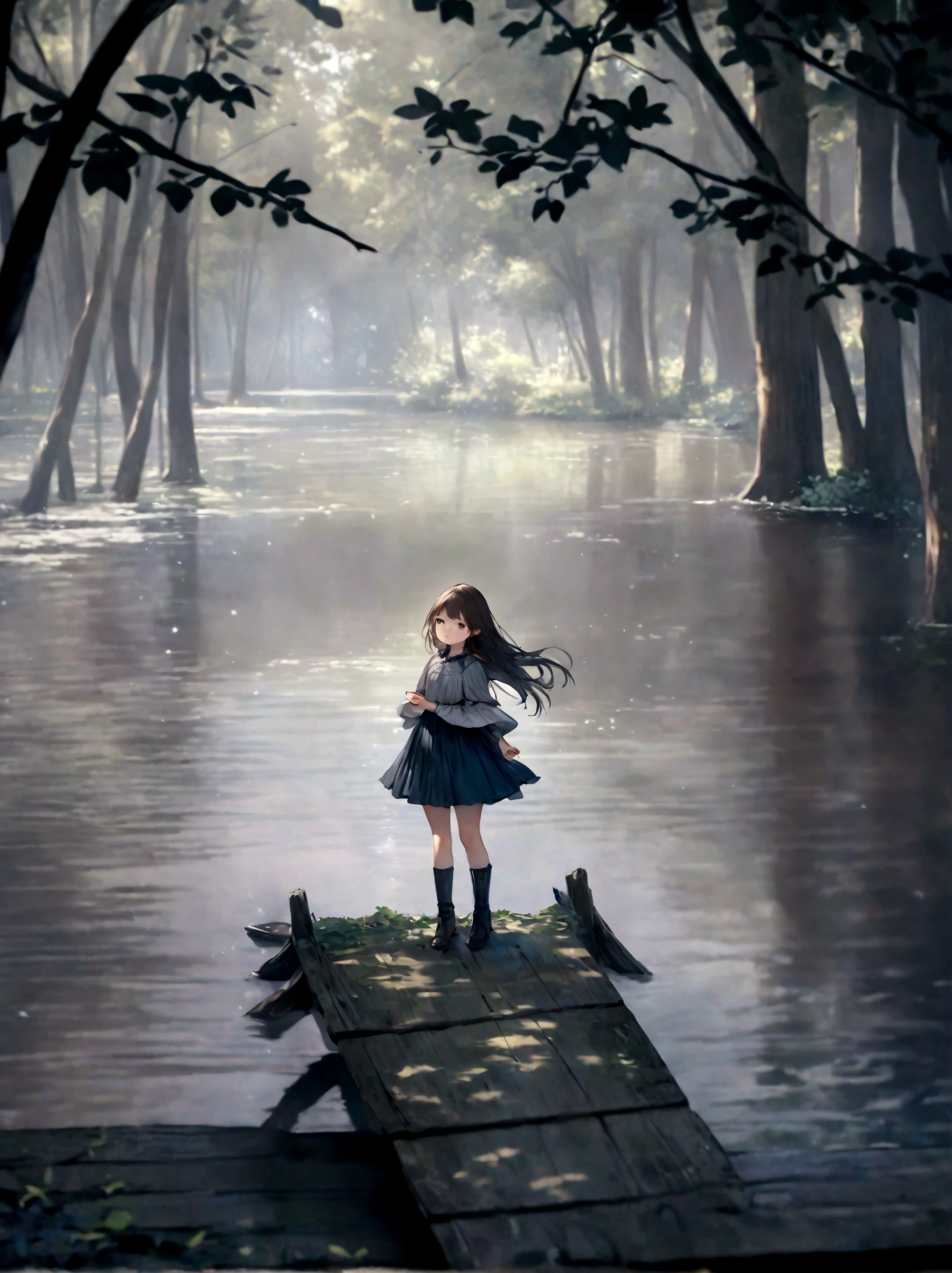 a girl standing on a wooden dock overlooking a river, dense forest in the distance, sunlight filtering through the trees, detailed facial features, elegant dress, serene expression, (best quality,8k,highres,masterpiece:1.2),ultra-detailed,(realistic,photorealistic,photo-realistic:1.37),intricate details,cinematic lighting,dramatic shadows,vibrant colors,serene landscape