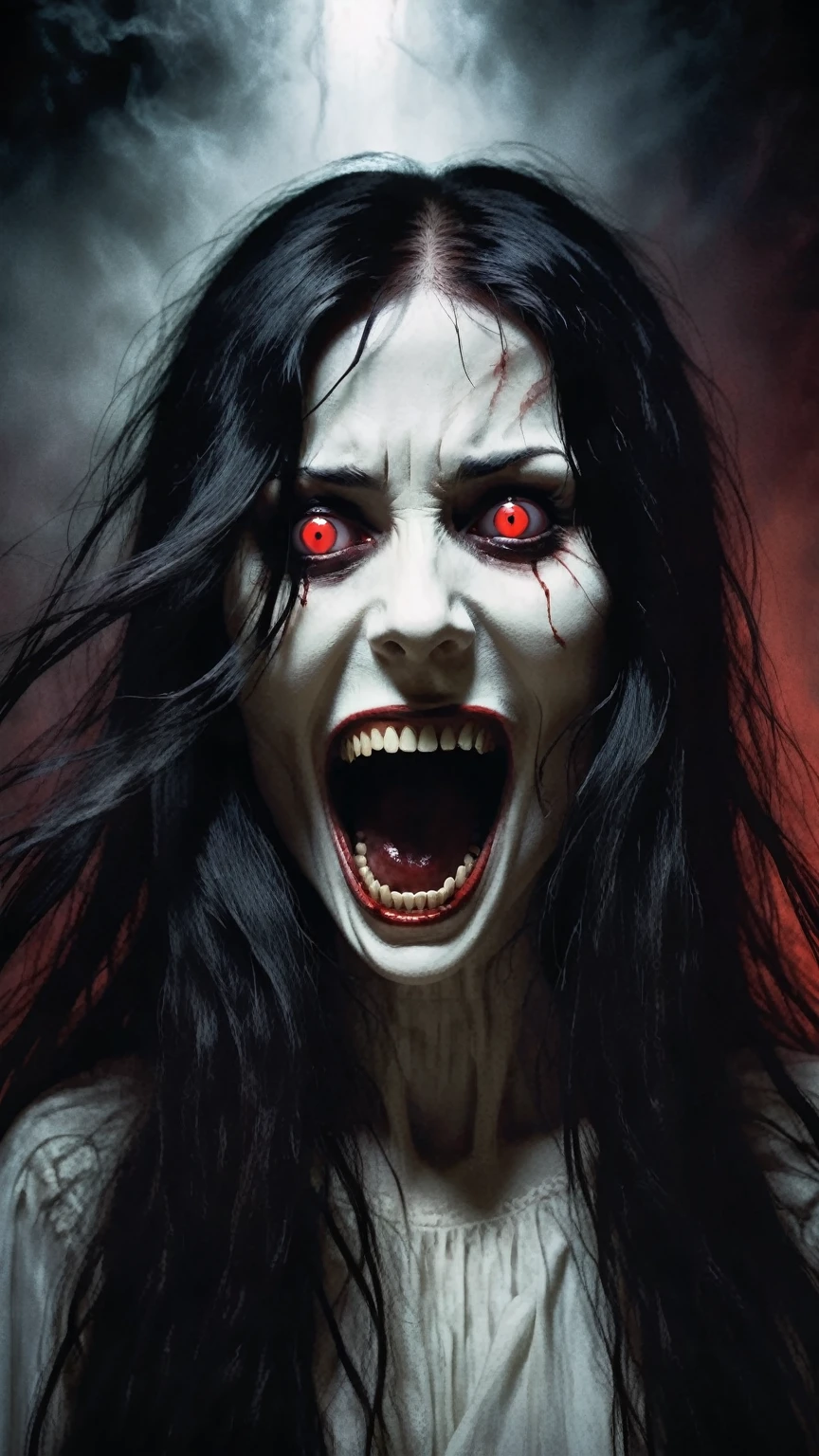 (misty, haze:2.0),(dimly lit:1.8), (translucent:1.4), (dark:1.6), (dark room:1.2), (chiaroscuro:1.8), shadow, (dark theme:1.2),cinematic movie still,(horror style:1.3), woman head with long black hair and a white ghostly face, wearing a creepy smile, (fading dark Red eyes:1.2), wide open , screaming expression, sharp fangs teethes, mood effect is eerie and unsettling,, absurdres, high sharp, ultra highres, high sharp, crystal clear, 4K, 8k, HD, UHD, super detail, absurdly detailed, highly detailed, best quality, high quality, Sharp