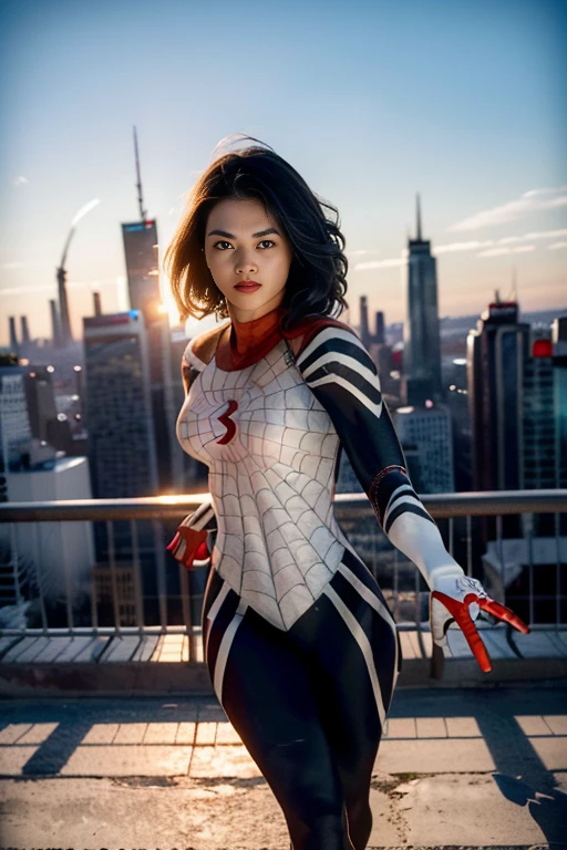 (Extreme Detail CG Unity 8K wallpaper, masterpiece, highest quality), (Exquisite lighting and shadow, highly dramatic graphics, Cinematic lens effect), (A girl in a white Spider-Man costume, from a parallel universe, city skyline in the background, dynamic pose), (excellent detail, outstanding lighting, wide angle), (excellent rendering, enough to stand out in its class)