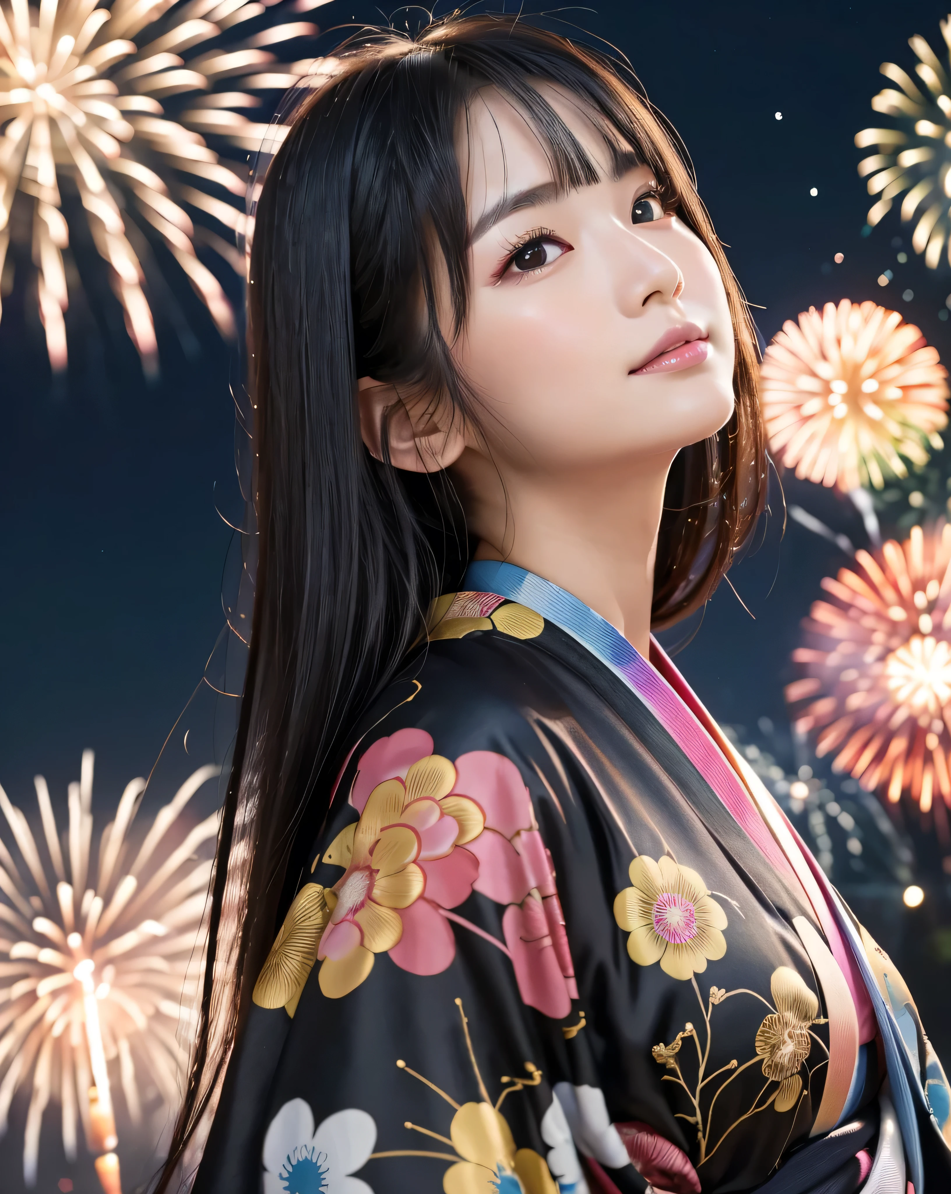 (highest quality, 32k, High resolution, masterpiece:1.5, ), marimo_jet, god々A photograph with brilliant dazzling and healing power., Evoking a sense of calm and elusive beauty, Expressing emotions, Have a rich imagination, Beautiful Japanese Girls, An exceptionally beautiful face, Small Face Beauty, ((Low - Angle:1.3)), Perfect Human Anatomy, Magical big eyes, Motherhood and generosity, Deep Love, fleeting smile, ((Shiny black hair:1.1)), ((Beautiful twin bondage)), Asymmetrical bangs, Hair between the eyes, Transparent, soft white skin, Sharp eyebrows, Thin lashes, Natural Makeup, Cheek highlighter, Pale pink detailed lips, (Red kimono:1.0), ((traditional Japanese Yukata)), ((Colorful fireworks lighting up the night sky:1.3)), Beautiful Japanese Garden, Detailed night sky, Professional Lighting, Professional Photographer, Professional Model, godsecret