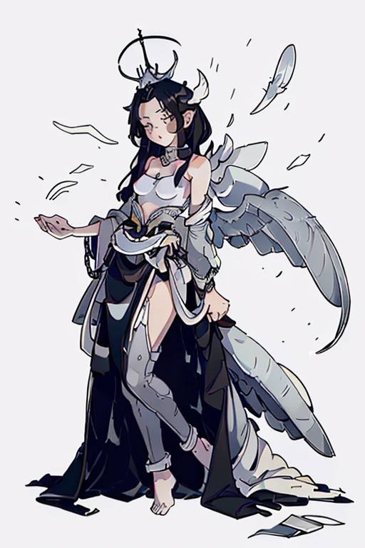 a female angel with white pale grayish skin, black hair, black wings and a crown of white thorns made of ivory on her head. the angel is trapped by silver chains around her body and her wings. she can't deploy her wings. she's dressed with a long slip that also covers her feet. the angel is standing with the head lowered and the hands together in front of her lap. black feathers in the air all around.
