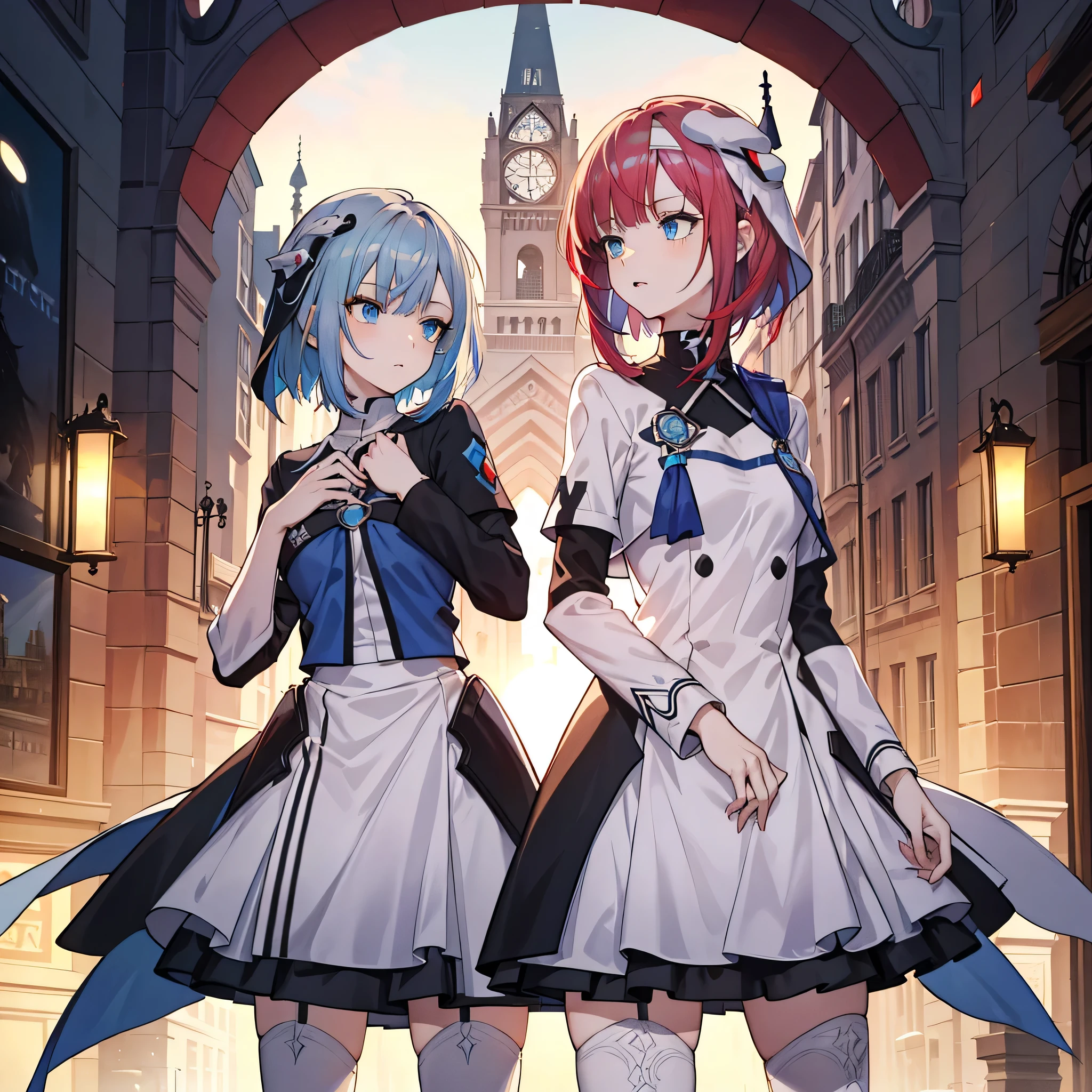 （Masterpiece, Best quality:1.2)A blue-haired，white headgear，blue eyes 1 girl，solo person，adolable，ElysiaHoH，city street background,wearing nun costume,red hair and blue hair,