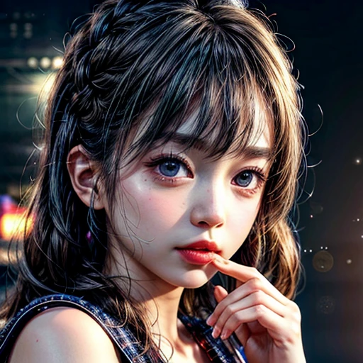 (highest quality,Super detailed,Physically Based Rendering:1.2), (RAW, Realistic, Photorealistic:1.37),Portraiture,Beautiful young woman with Delicate facial features,Soft lighting, ((Playfully licking finger with tongue, Gently placing a finger in the mouth)), (Close-up shot of sensual lips),Cheeks turn slightly red,A gentle and captivating gaze, cute BabyLike finger . Studio gray background, Light Particles, many blurred colorful Lights (dazzling bokeH) . BREAK . (((NOGIZAKA face variations)))  Extremely Detailed very KAWAII face variations, elaborate detailed Eyes with (sparkling highlights:1.2), (Voluminous long eyelashes:0.9)、Glossy RED Lips with beautiful details, Coquettish tongue, Rosy cheeks, Radiant PearlSkin with clear transparency, (Natural:0.7) Detailed FlawlessSkin with glowing DowneyHair . { (Dynamic LifeLike expressions) | :d) }, (large eyes:-1) . mouth_hold