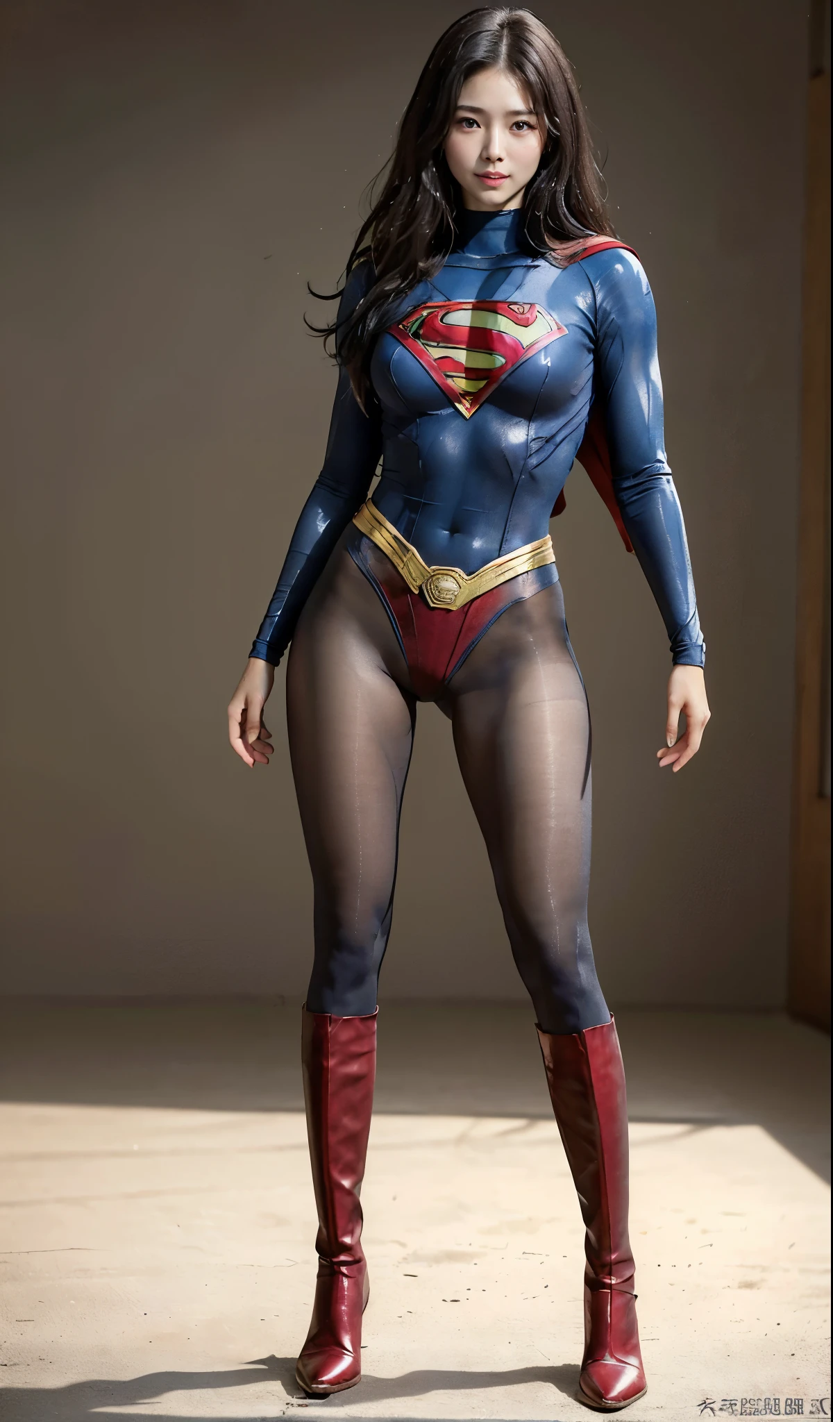 No background、(((Beautiful legs in black tights.)))、(((Legally express the beauty of your smile)))、((((Make the most of your original images)))、(((Supergirl Costume)))、(((Beautiful Hair)))、(((suffering)))、(((Please wear black tights....、Wear red boots)))、((Best image quality、8k))、((highest quality、8k、masterpiece:1.3))、(((Preserve background )))、Sharp focus:1.2、Beautiful woman with perfect figure:1.4、Slim Abs:1.2、Wet body:1.5、Highly detailed face and skin texture、8k