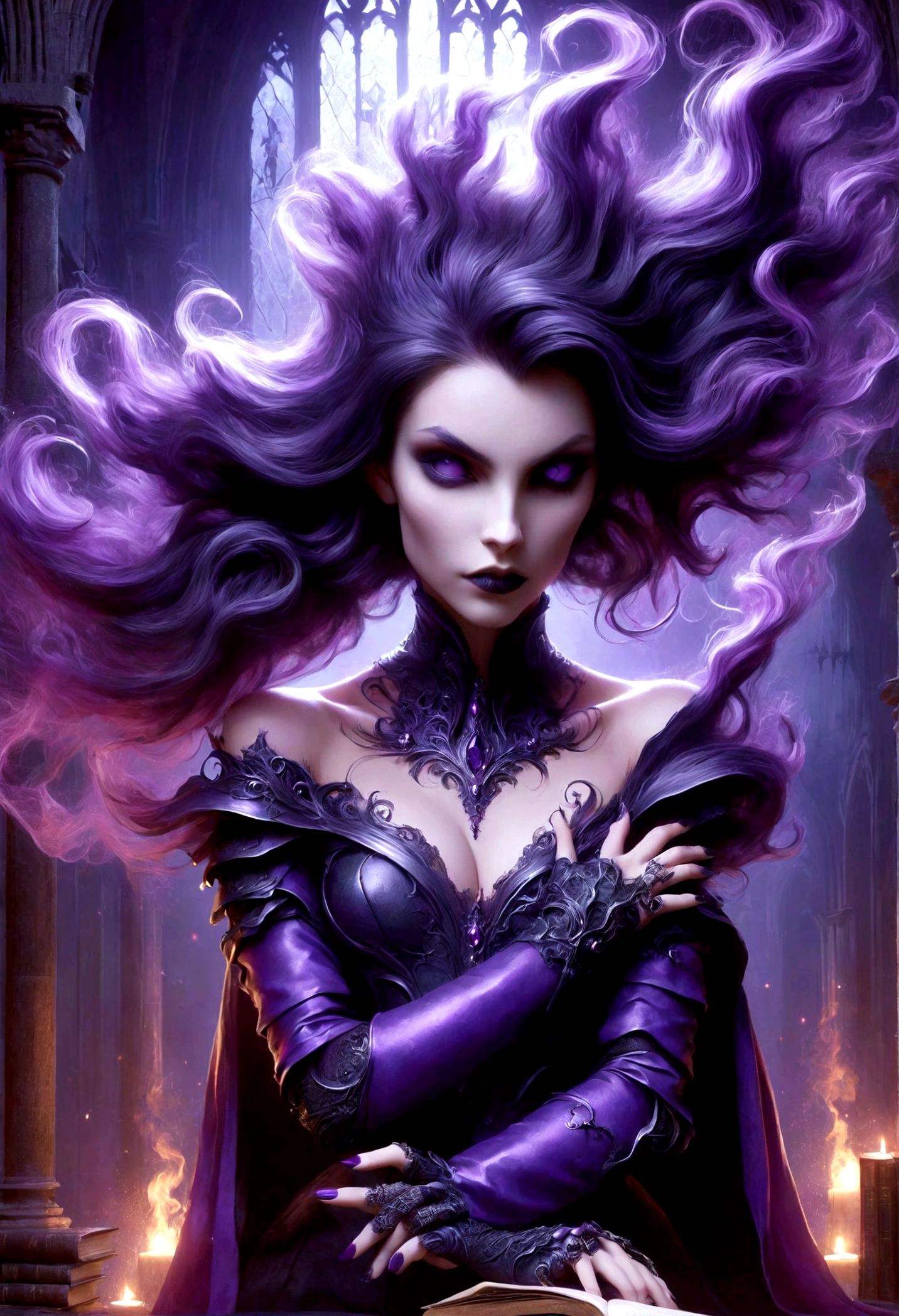 Uma personagem vampira vestindo sobretudo, Own, vestir, cabelo longo, poderosa, laboratory, pergaminhos , livros, Volumes, Criaturas, mesa de estudos, 8k, capuz, dramatic scene, Magnificent, Purple Gothic Armor, arms crossed in a challenging positioning, gothic armor.