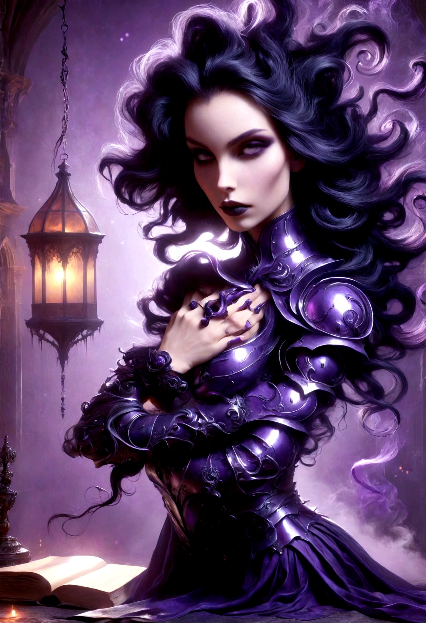 Uma personagem vampira vestindo sobretudo, Own, vestir, cabelo longo, poderosa, laboratory, pergaminhos , livros, Volumes, Criaturas, mesa de estudos, 8k, capuz, dramatic scene, Magnificent, Purple Gothic Armor, arms crossed in a challenging positioning, gothic armor.