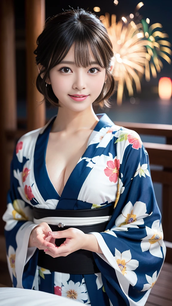 (8k、RAW Photosgraphy、highest quality、masterpiece:1.2)、(Realistic、Photorealistic:1.37)、Ultra-high resolution、One Girl、cute、solo、night、Sitting、date、(Nose redness)、(Laughter:1.1)、(Closed)、huge 、Beautiful Eyes、(short hair:1.2)、(((Fireworks bursting into the sky、night)))、(((kimono、yukata)))、Cleavage、Perfect body、Perfect Fingers、Professional Lighting、Japanese Goddess、gravure、Detailed face and skin texture、Detailed eyes、RAW Photos