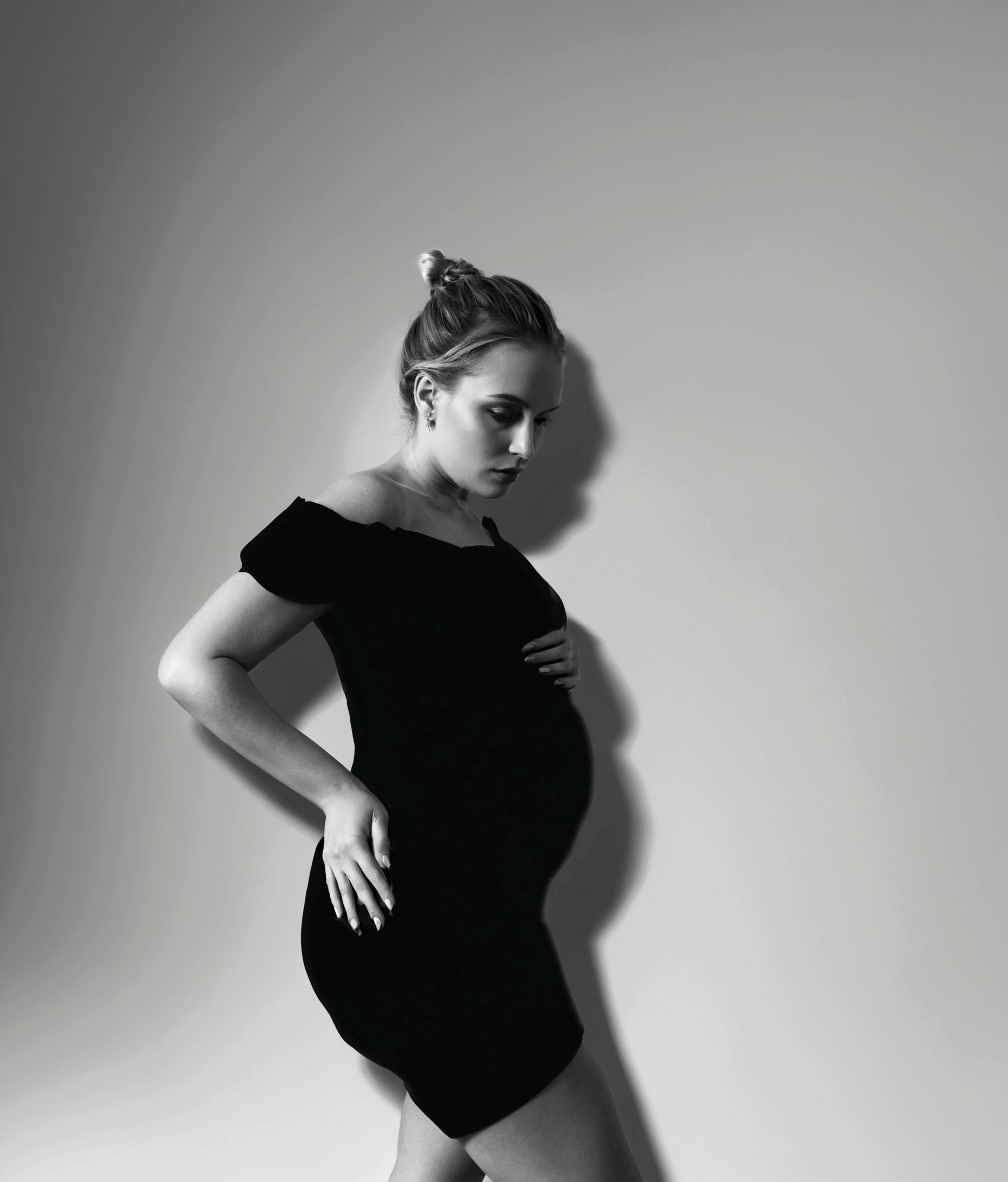 беременная photoshoot, in a black dress, Shadows, world, Glare, photoshoot, fashion model