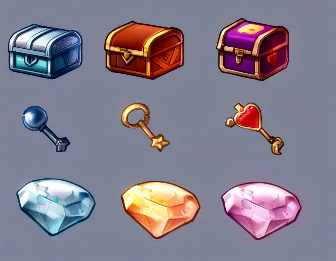 A set of different game items, Game Icon资产, Game assetss, Treasure Chest, Magic Items, 2 d Game assetss, Game Icon, Role Playing Game Items, video Game assetss, 2d Game assets, Game UI asset design, RPG Inventory Items, Game Icon风格化, Game assets, Super detail for every object, game design Asset package, Asset package