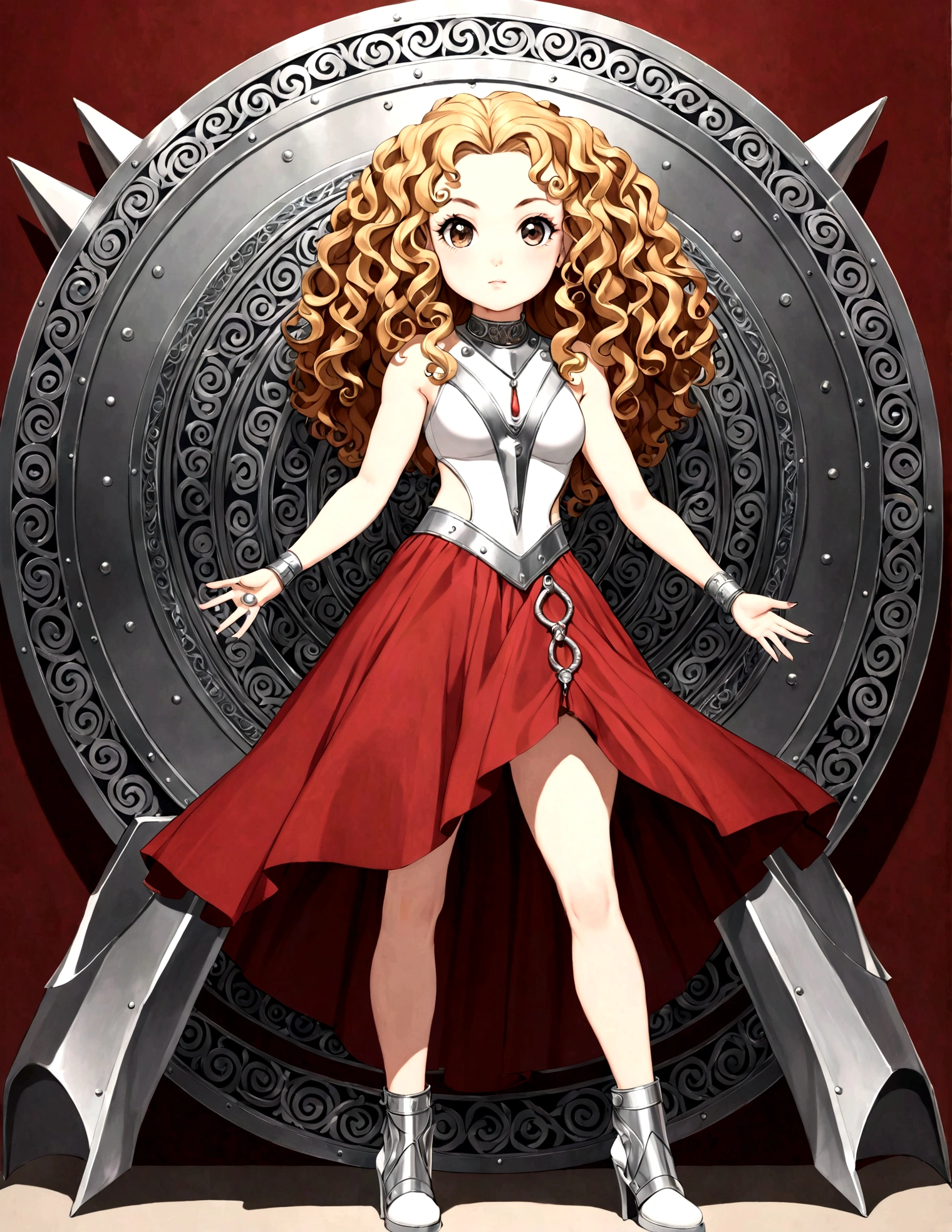 "A unique and diverse rendering of Mli Stephanie, a beautiful white girl with a round face and curly hair, adorned in a Moa-Metal cover. Explore a range of styles and variations, from cute and playful poses to fierce and powerful stances."