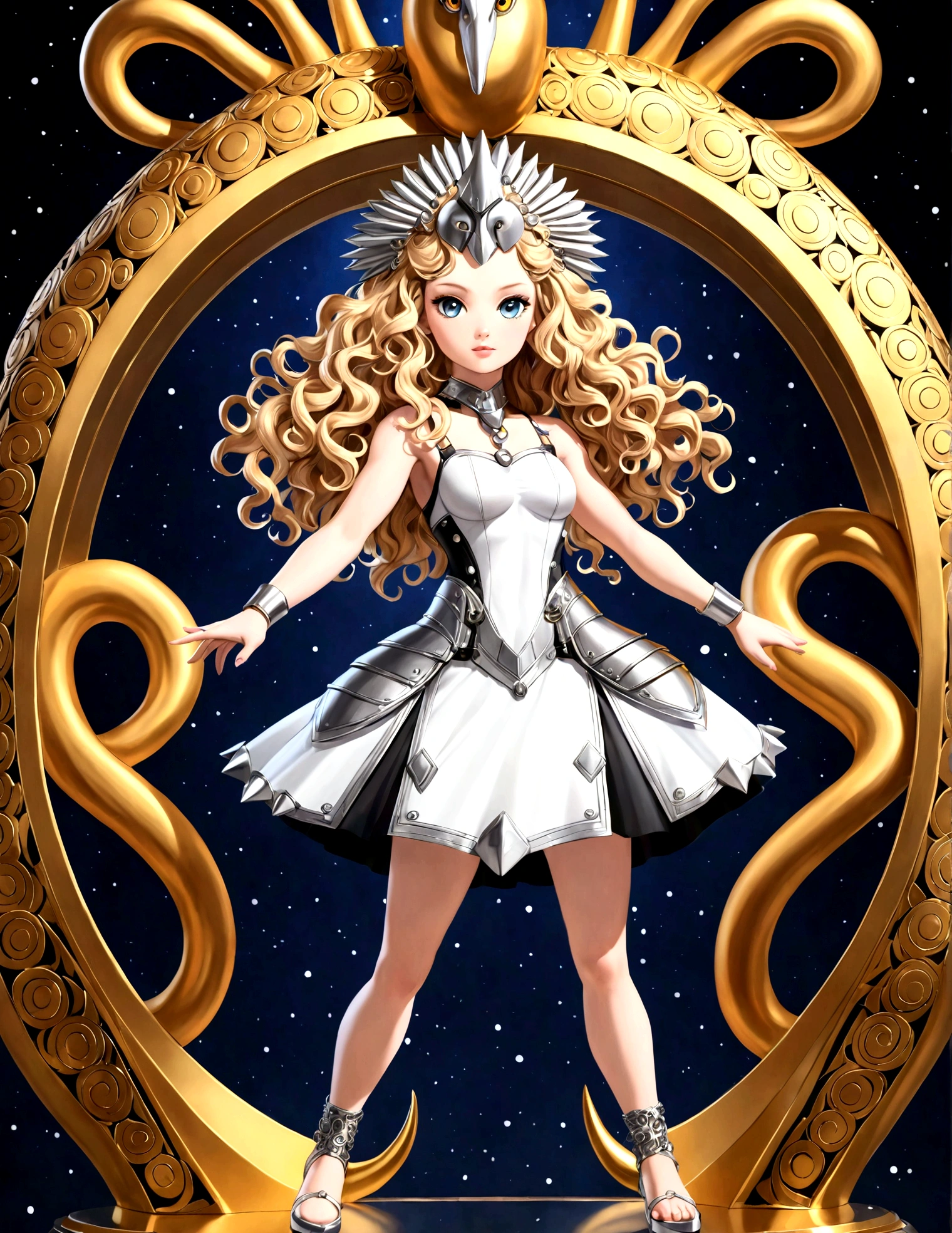 "A unique and diverse rendering of Mli Stephanie, a beautiful white girl with a round face and curly hair, adorned in a Moa-Metal cover. Explore a range of styles and variations, from cute and playful poses to fierce and powerful stances."