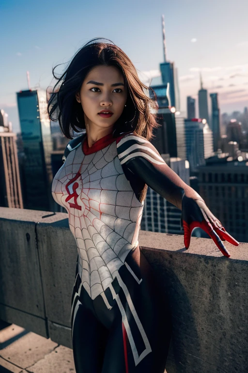 (Extreme Detail CG Unity 8K wallpaper, masterpiece, highest quality), (Exquisite lighting and shadow, highly dramatic graphics, Cinematic lens effect), (A girl in a white Spider-Man costume, from a parallel universe, city skyline in the background, dynamic pose), (excellent detail, outstanding lighting, wide angle), (excellent rendering, enough to stand out in its class)