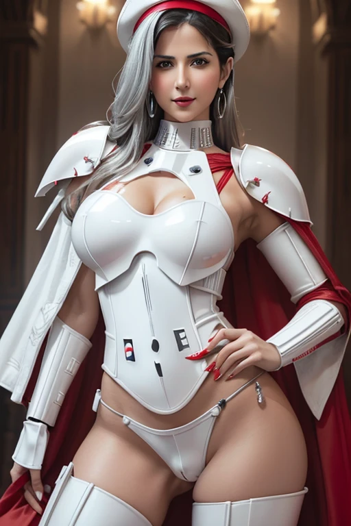 ((Katrina Kaif)), smiling, voluptuous, posing, bedazzled belly button piercing, ((silver nipple rings)), ((white and red storm trooper armor)), very intense makeup, bright red lipstick, red shoulder pauldrons, crimson corset, white leather tights, white sleeves, red beret, red cape, small nose