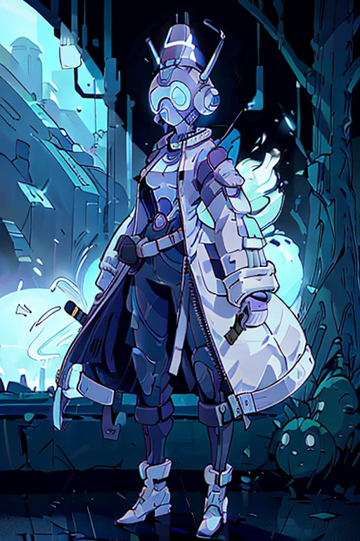 A man with a futuristic helmet with silver details and based on an astronaut helmet. He has an awesome purple jacket and two futuristic machetes with blue electricity around them. His helmet is rounded and mostly black, he's with a Bald, tall, muscular back Big female droid whose body it's just a basic body in white color, cone ears a half of a light blue aura over her head andface in completely blank without eyes, mouth and nose in the middle of a futuristic white street full of tubes