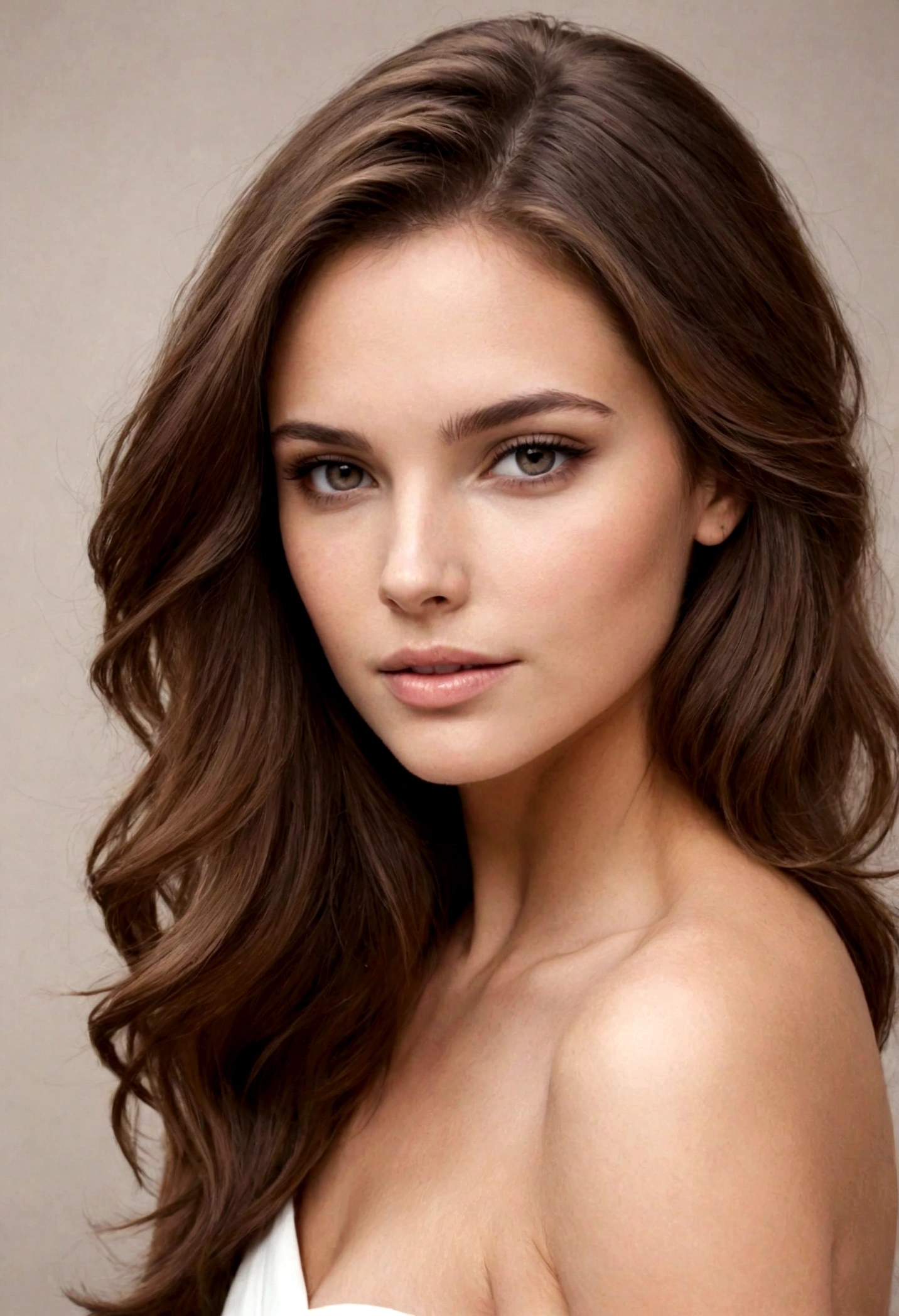 belle femme avec une peau douce et blanche, smooth brown hair loose with topless.