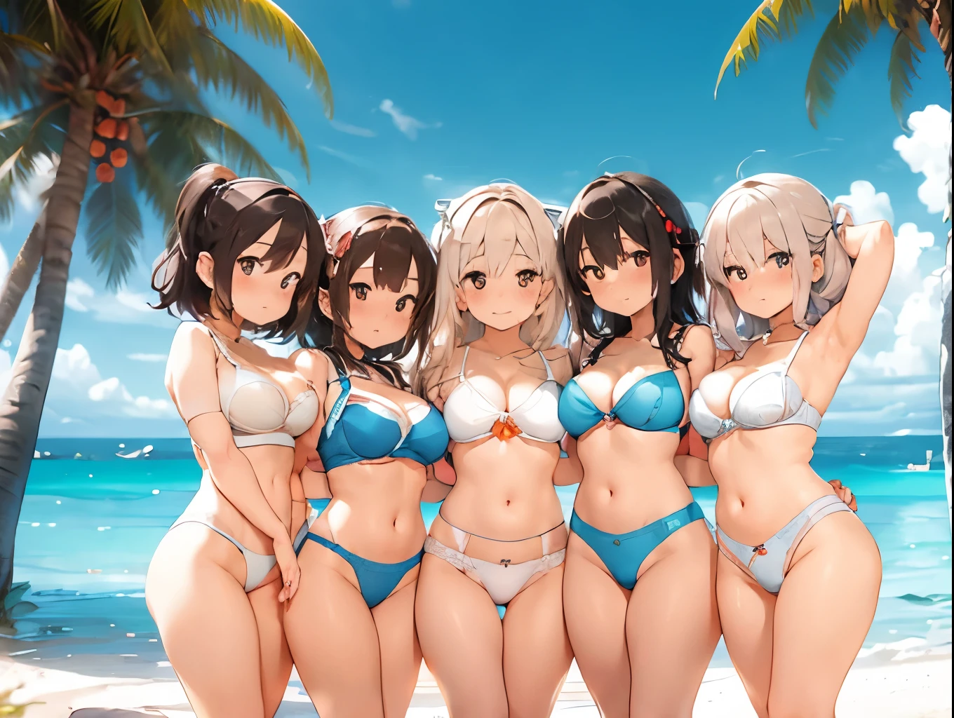 Four busty sisters in cute lingerie and cute bras、Cute white bra with ribbon、White and light blue checkered bra、Cute orange bra、White underwear with cute ribbon、White and light blue striped pants、Cute orange underwear、Sandy Beach, Calm, Clear sea and blue sky、Pink floral bra、Pink floral underwear、barefoot