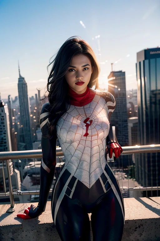 (Extreme Detail CG Unity 8K wallpaper, masterpiece, highest quality), (Exquisite lighting and shadow, highly dramatic graphics, Cinematic lens effect), (A girl in a white Spider-Man costume, from a parallel universe, city skyline in the background, dynamic pose), (excellent detail, outstanding lighting, wide angle), (excellent rendering, enough to stand out in its class)