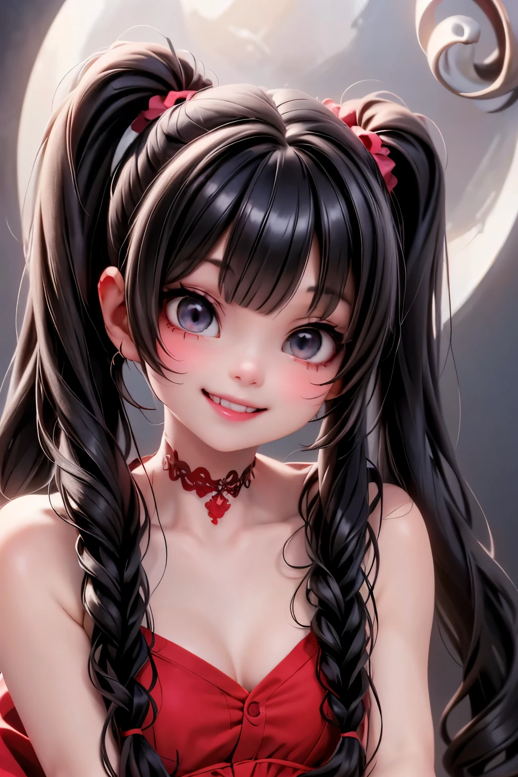 a vampire_girl smiling, blood stains at face, vampire teeth, red (strapless dress), pigtails, hair accessories made by rubies, red smokey eyes make_up, round_toe pumps, crochet dress, full moon at background