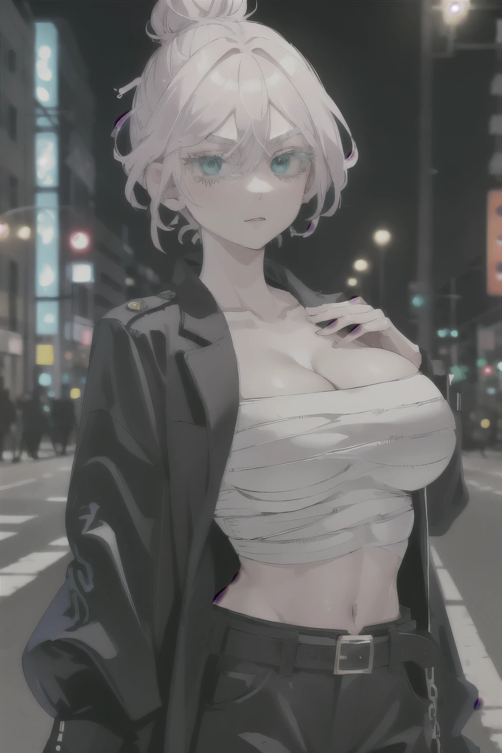 masterpiece, best quality, highres, 1girl, solo, short hair, white hair, hair bun, hair between eyes, colored eyelashes, aqua eyes, cleavage, sarashi, (big breasts: 1.5), bandages, black jacket, open clothes, long sleeves, midriff, belt, black pants, standing, cowboy shot, outdoors, street, night