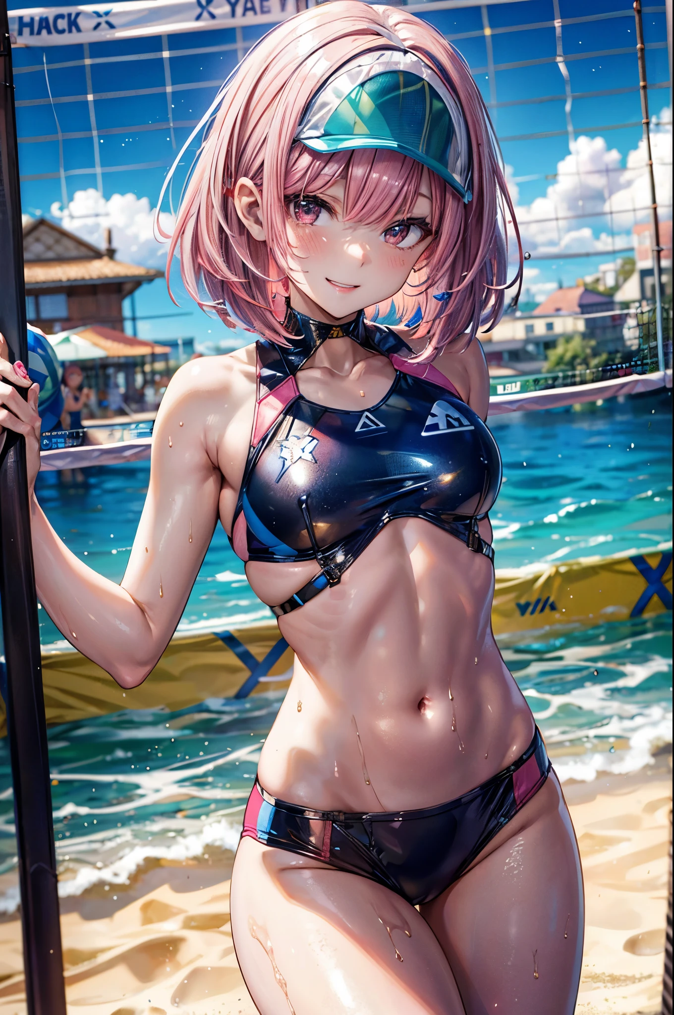 ((Chrome beachvolleyball uniform)), break, skinny, 4 defined fingers, 1 defined thumb, looking at viewer, solo, 1 woman, 25 years old, AI generated, highest quality, masterpiece, skindentation, perfect face, 8k , cowboy shot, (short hair), (pink hair:1.5), bob cut, black eye, smile, thin thighs, small breasts, perfect limbs, sexy, (visible nipples:0.7), (camel toe:0.3), (arms at sides), (bright seaside), standing, ((metallic costume)), facing straight at viewer, Navel,