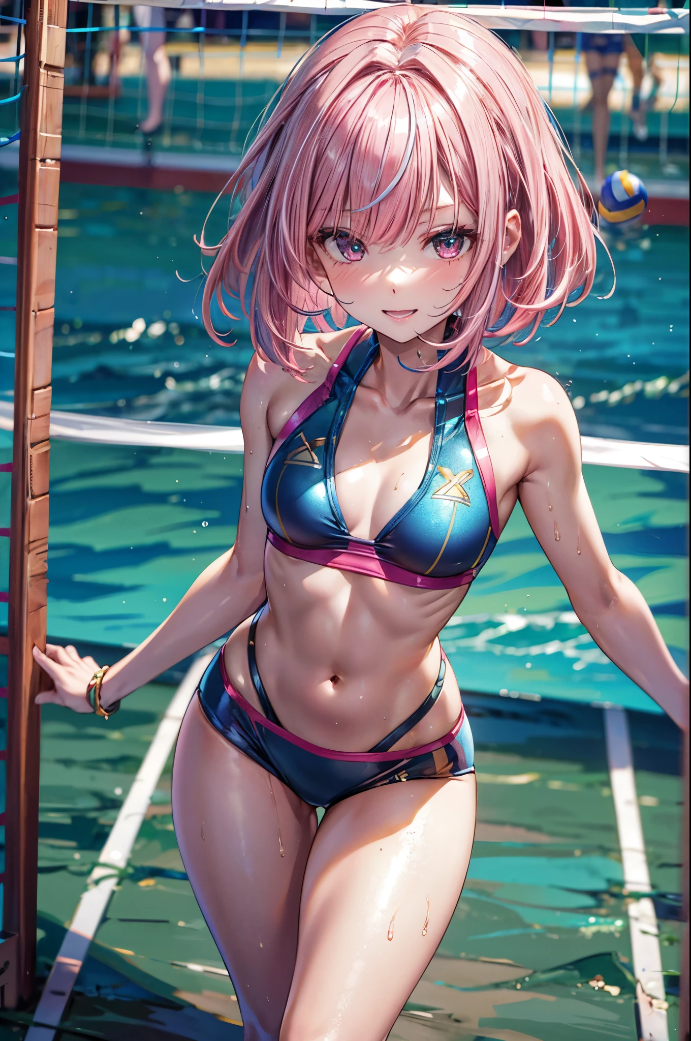 ((Chrome beachvolleyball uniform)), break, skinny, 4 defined fingers, 1 defined thumb, looking at viewer, solo, 1 woman, 25 years old, AI generated, highest quality, masterpiece, skindentation, perfect face, 8k , cowboy shot, (short hair), (pink hair:1.5), bob cut, black eye, smile, thin thighs, small breasts, perfect limbs, sexy, (visible nipples:0.7), (camel toe:0.3), (arms at sides), (bright seaside), standing, ((metallic costume)), facing straight at viewer, Navel,