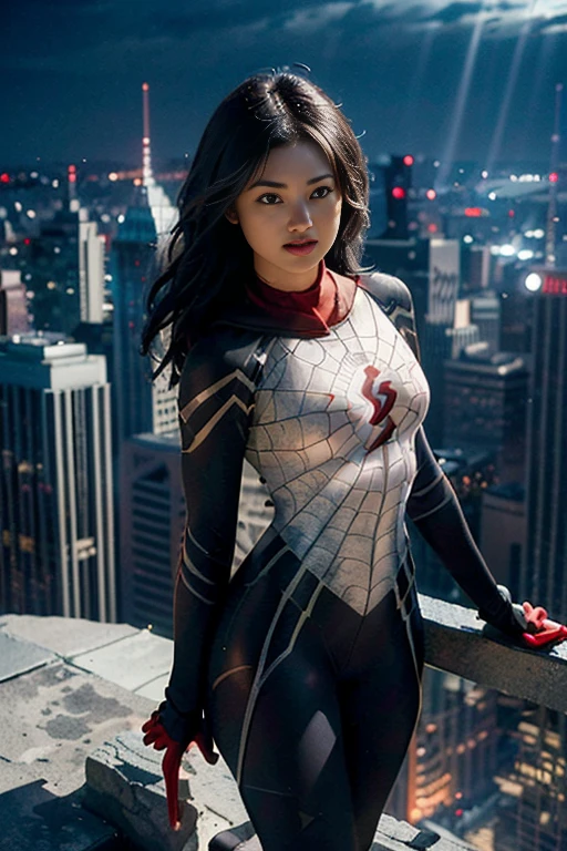 (Extreme Detail CG Unity 8K wallpaper, masterpiece, highest quality), (Exquisite lighting and shadow, highly dramatic graphics, Cinematic lens effect), (A girl in a white Spider-Man costume, from a parallel universe, city skyline in the background, dynamic pose), (excellent detail, outstanding lighting, wide angle), (excellent rendering, enough to stand out in its class)