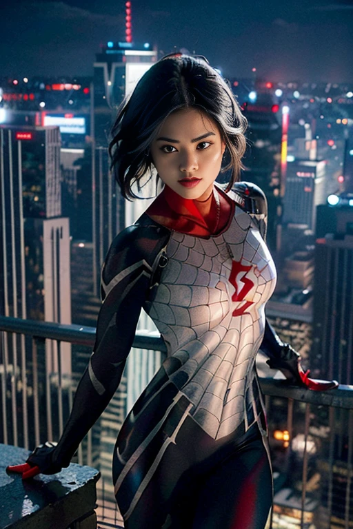 (Extreme Detail CG Unity 8K wallpaper, masterpiece, highest quality), (Exquisite lighting and shadow, highly dramatic graphics, Cinematic lens effect), (A girl in a white Spider-Man costume, from a parallel universe, city skyline in the background, dynamic pose), (excellent detail, outstanding lighting, wide angle), (excellent rendering, enough to stand out in its class)