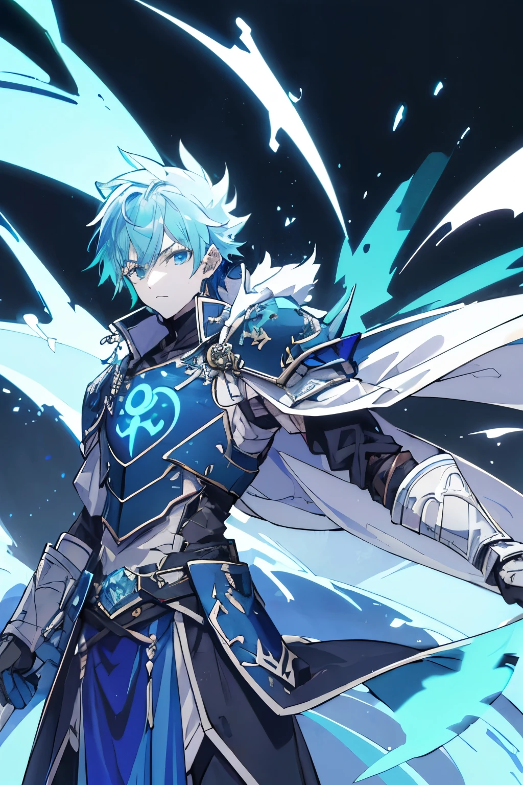 um homem de anime com 1.80 de altura (cabelos longos prateados) com (olhos verdes) com (uma cicatriz em sua testa em x) e (several runes on his body with a blue color but the most striking is one that resembles a dragon on his back)
roupas (he wears a torn cloak and a breastplate with joints and shoulder pads made of old plates with a symbol of two dragons)
sua arma (it is a bow made of black steel with blue runes that connect to a blue stone in the middle of the bow)
