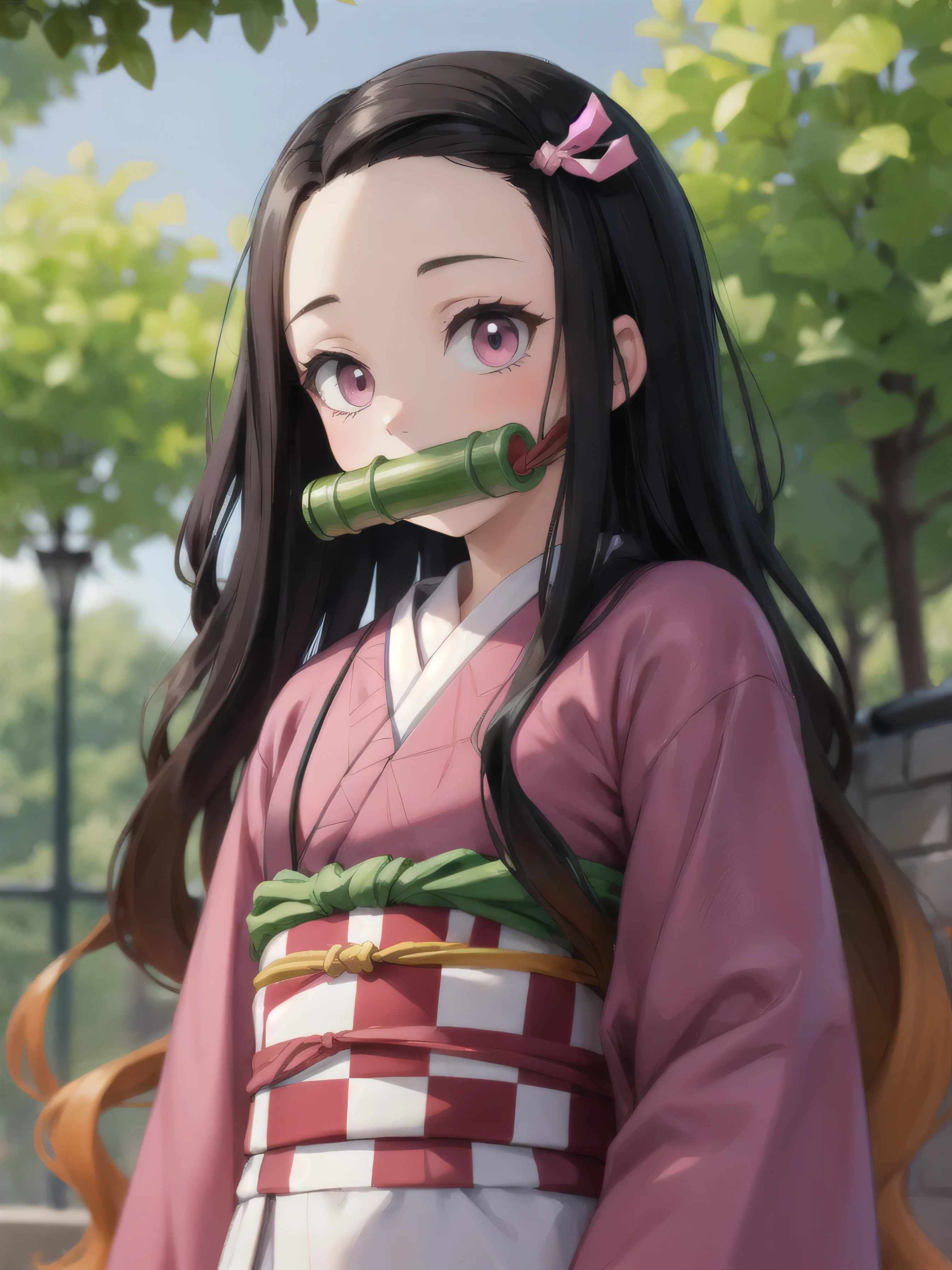 ((masterpiece,Intricate details)),One girl,Mature Woman,Smile Break Nezuko, Long Hair, ribbon, hair ribbon, pink ribbon, kimono, kimono, gag, very Long Hair, bit gag, pink kimono, amount, bamboo, gagged, heart, Long sleeve, Checked sash, Haori BREAK
, water_garden,,((Upper Body)),From below:1.2,Depth of written boundary,View Viewer,