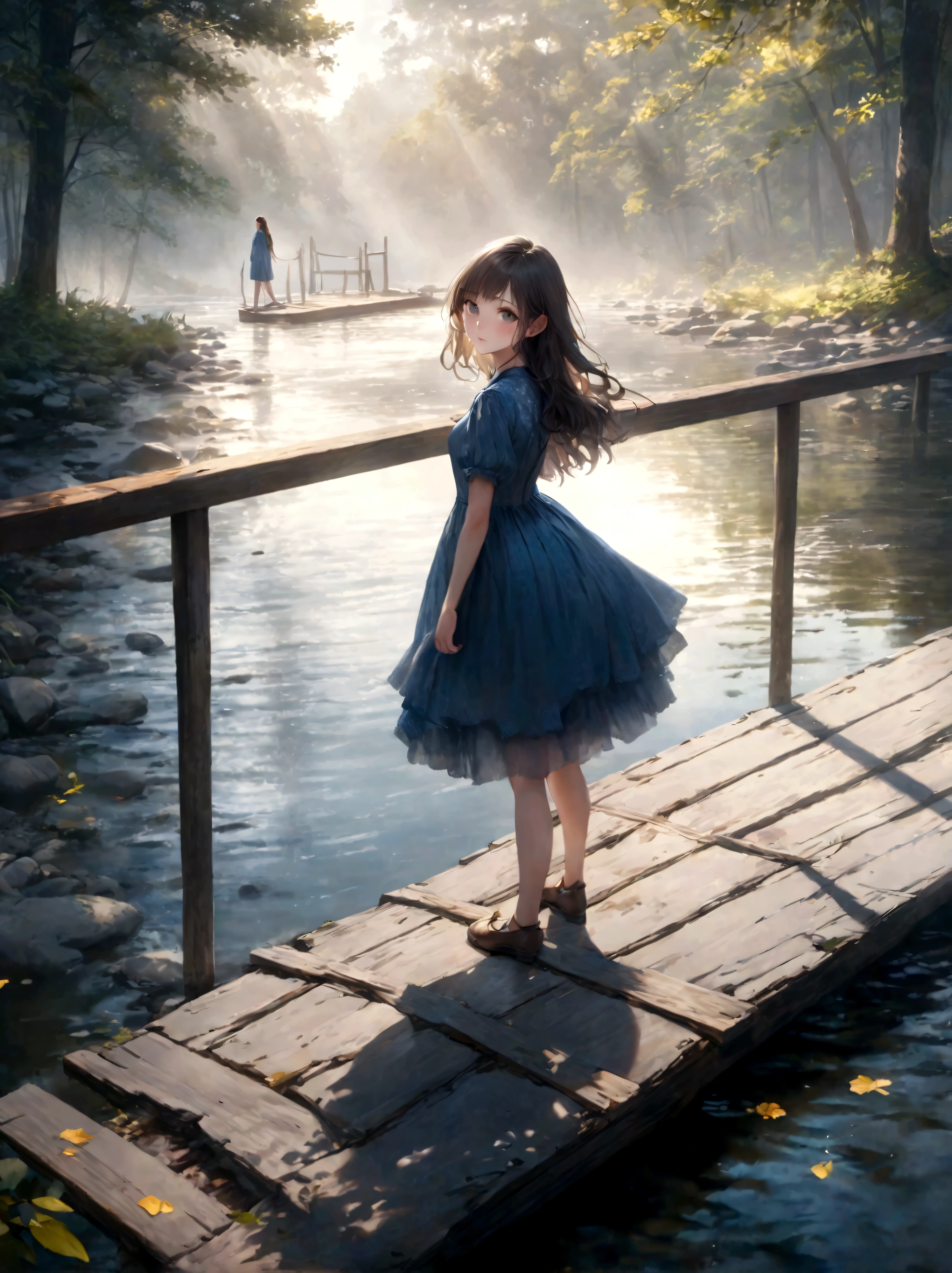 a girl standing on a wooden dock overlooking a river, dense forest in the distance, sunlight filtering through the trees, detailed facial features, elegant dress, serene expression, (best quality,8k,highres,masterpiece:1.2),ultra-detailed,(realistic,photorealistic,photo-realistic:1.37),intricate details,cinematic lighting,dramatic shadows,vibrant colors,serene landscape