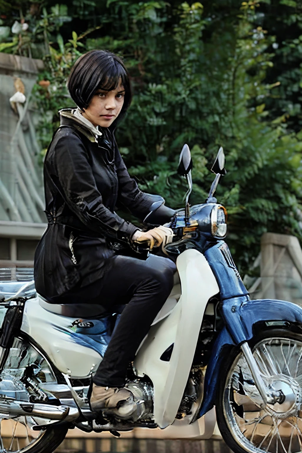 (16 year old girl) (slender body), ((black hair)) (short hair) (black eyes) (white skin). beautiful face, perfect and delicate face. expression of boredom. full body, girl with western face (tall girl) thin legs, thin arms (girl on motorcycle)