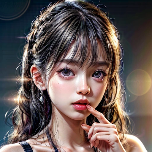 (highest quality,Super detailed,Physically Based Rendering:1.2), (RAW, Realistic, Photorealistic:1.37), (Acutance:0.85),Portraiture,Beautiful young woman with Delicate facial features,Soft lighting, ((Playfully licking finger with tongue, Gently placing a finger in the mouth)), (Close-up shot of sensual lips),Cheeks turn slightly red,A gentle and captivating gaze, cute BabyLike finger . Studio gray background, Light Particles, many blurred colorful Lights (dazzling bokeH) . BREAK . (((NOGIZAKA face variations)))  Extremely Detailed very KAWAII face variations, elaborate detailed Eyes with (sparkling highlights:1.2), (Voluminous long eyelashes:0.9)、Glossy RED Lips with beautiful details, Coquettish tongue, Rosy cheeks, Radiant PearlSkin with clear transparency, (Natural:0.7) Detailed FlawlessSkin with glowing DowneyHair . { (Dynamic LifeLike expressions) | :d) }, (large eyes:-1) . mouth_hold